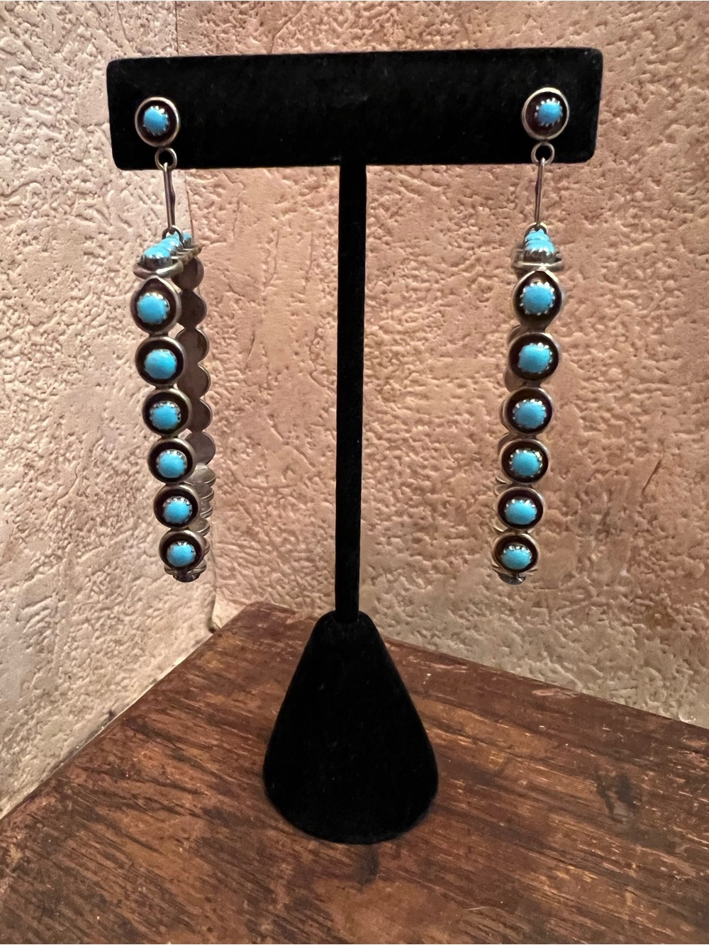 Vtg Zuni Turquoise Sterling Silver Snake Eye Square Hoop Dangle Earrings 925 - Picture 7 of 12